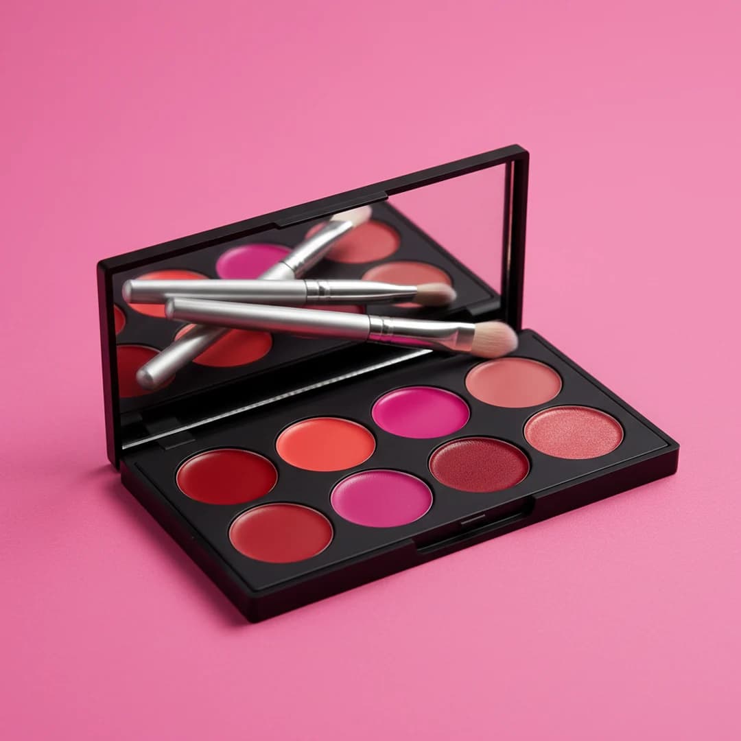 Set de maquillaje sobre fondo de color